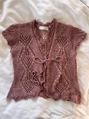 Studio Dusty Rose Open-Knit Tie-Front Short Sleeve Cardigan